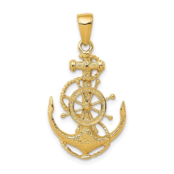 14k Yellow Gold Medium Anchor Ship's Wheel and Rope Pendant